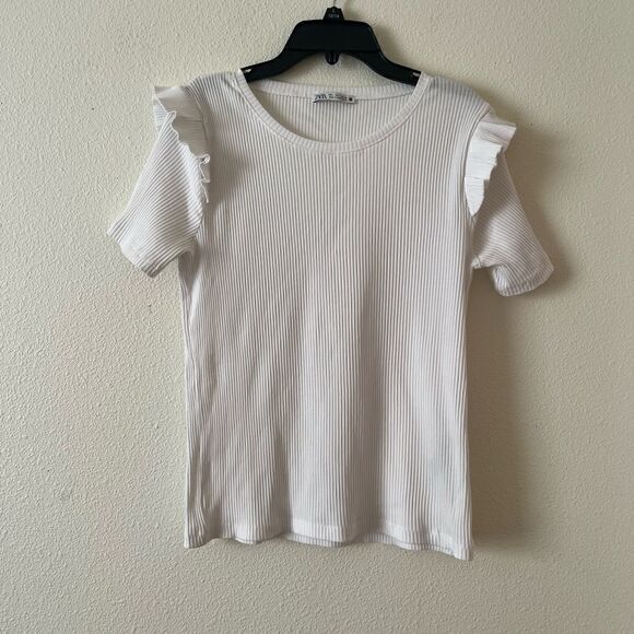 Zara Other - ZARA White Ruffle Shoulder Top L